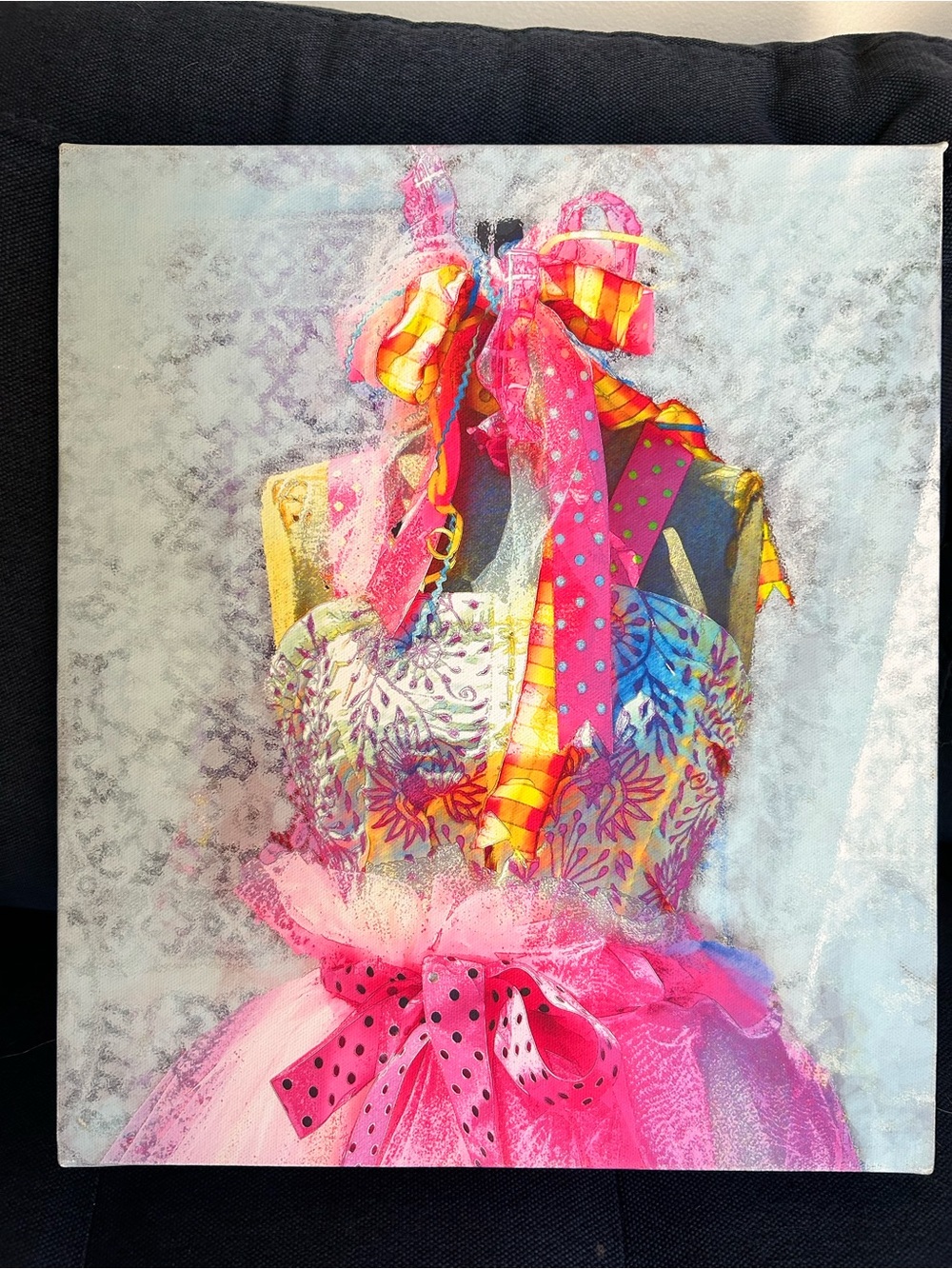 Colorful Floral Dress Art Canvas with Pink Ribbon Accents